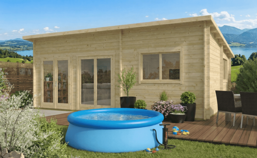 Bungalow de madera maciza estilo rústico de troncos con porche, ideal como casa de invitados o para camping en la Sierra de Madrid.