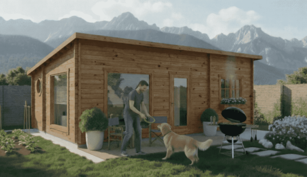 Caseta de madera moderna de techo plano (estilo cubo) instalada en jardín de chalet en Madrid, utilizada como despacho o habitación de invitados.