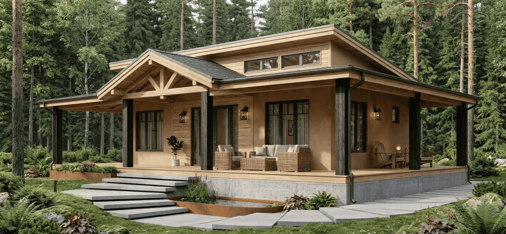 Fachada de casa prefabricada de madera instalada en parcela rústica de Náquera, optimizada térmicamente para el calor del verano.