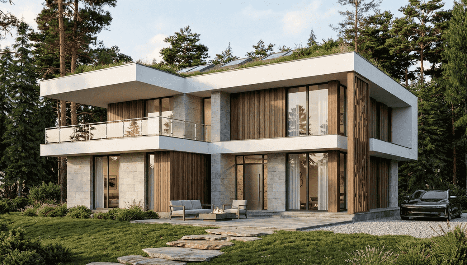 Fachada principal de vivienda habitual prefabricada en entramado ligero de madera, construida a medida en Valencia.