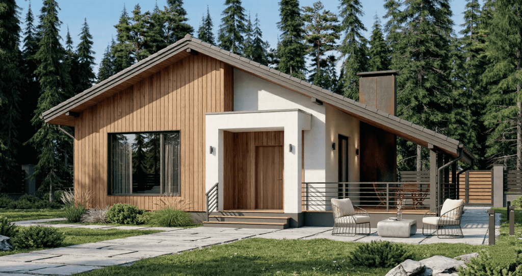 Fachada de segunda residencia de madera construida por Nuss en un entorno natural de Valencia, ideal para escapadas de fin de semana.